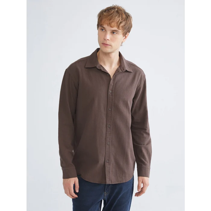 XSIDE Kahverengi Regular Fit Uzun Kollu Keten Görünümlü Erkek Gömlek