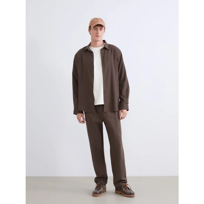 XSIDE Kahverengi Regular Fit Uzun Kollu Keten Görünümlü Erkek Gömlek