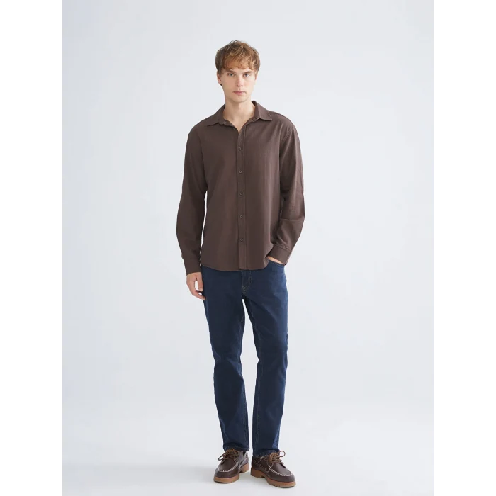 XSIDE Kahverengi Regular Fit Uzun Kollu Keten Görünümlü Erkek Gömlek