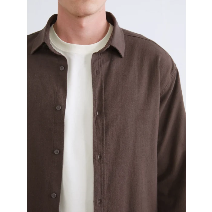XSIDE Kahverengi Regular Fit Uzun Kollu Keten Görünümlü Erkek Gömlek