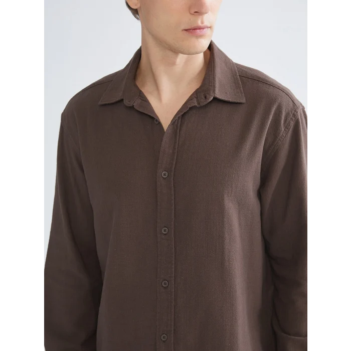 XSIDE Kahverengi Regular Fit Uzun Kollu Keten Görünümlü Erkek Gömlek