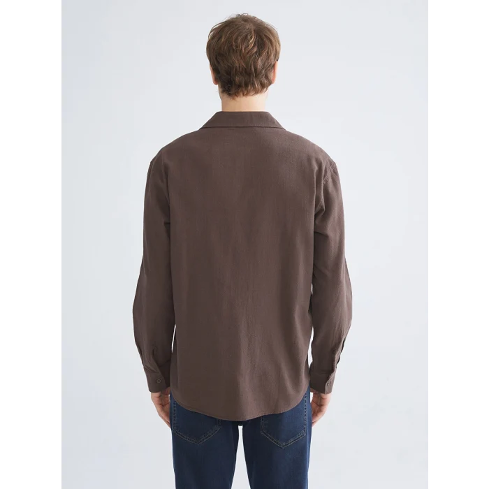 XSIDE Kahverengi Regular Fit Uzun Kollu Keten Görünümlü Erkek Gömlek