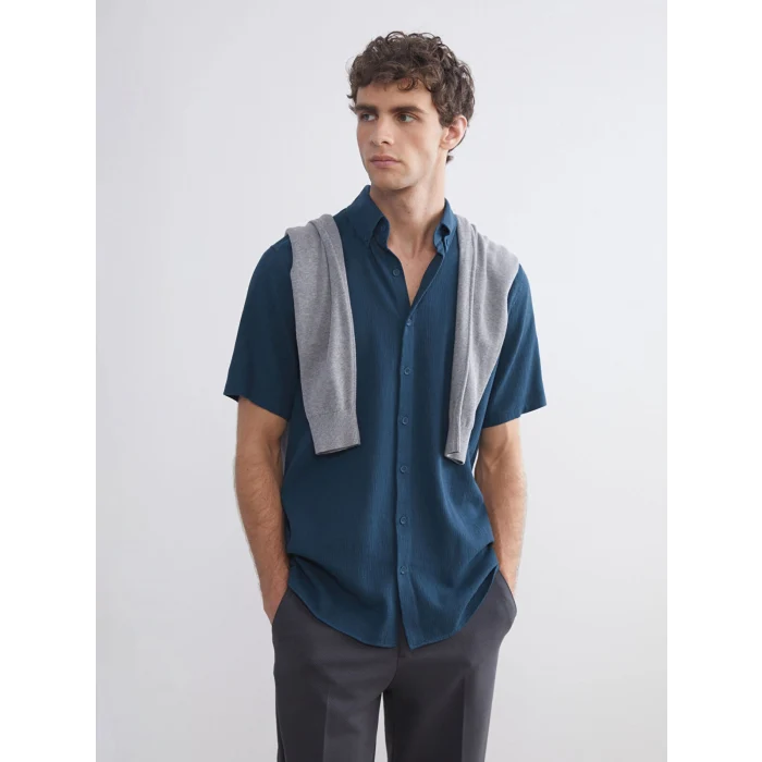 SOUTHBLUE Petrol Regular Fit Kısa Kollu Armürlü Erkek Gömlek