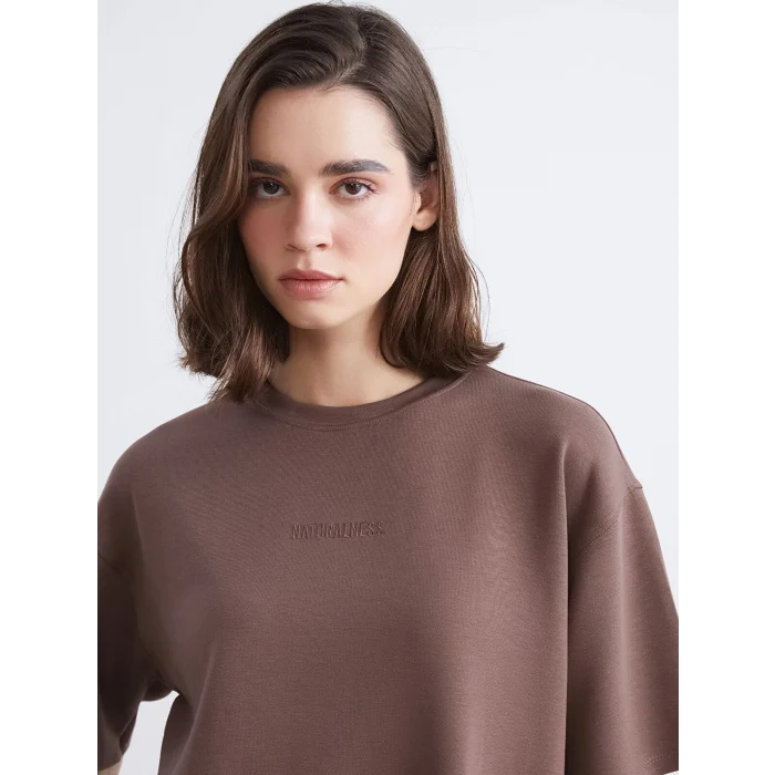 LCW Vision Kahverengi Bisiklet Yaka Nakışlı Oversize Kadın Tişört