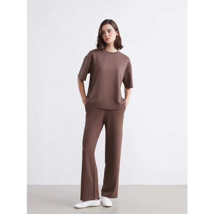 LCW Vision Kahverengi Bisiklet Yaka Nakışlı Oversize Kadın Tişört