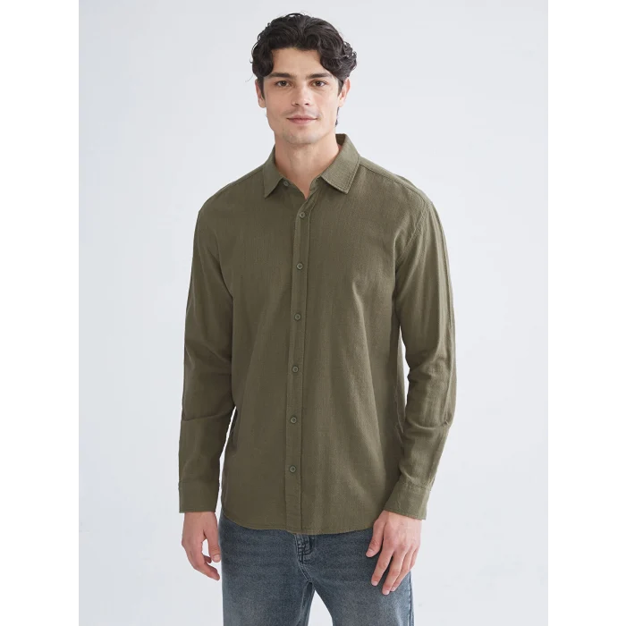 XSIDE Haki Regular Fit Uzun Kollu Keten Görünümlü Erkek Gömlek