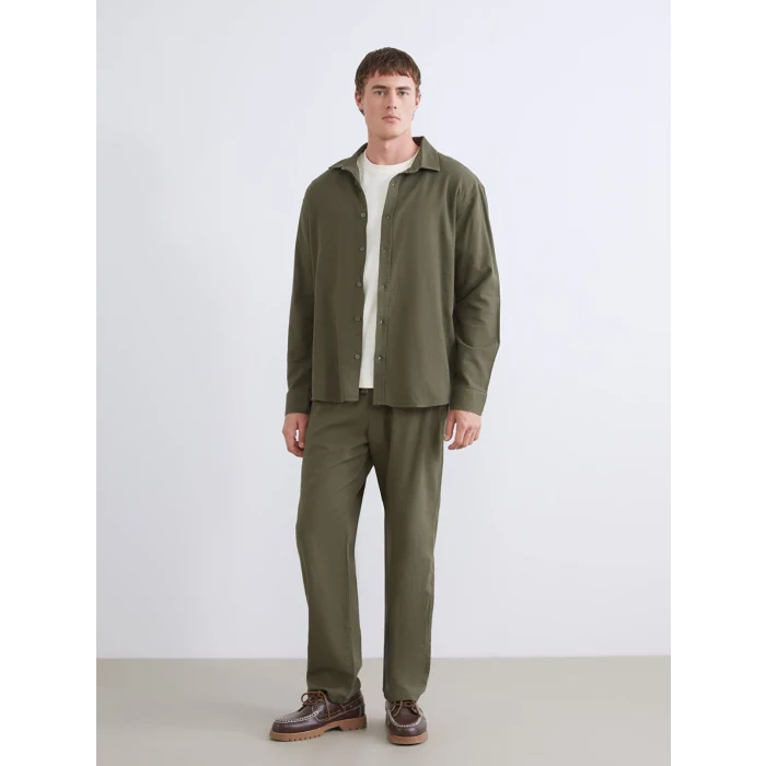 XSIDE Haki Regular Fit Uzun Kollu Keten Görünümlü Erkek Gömlek