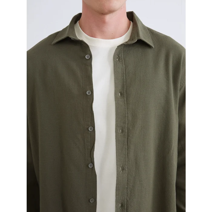 XSIDE Haki Regular Fit Uzun Kollu Keten Görünümlü Erkek Gömlek