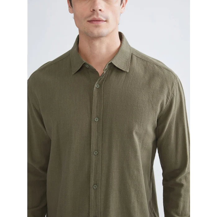 XSIDE Haki Regular Fit Uzun Kollu Keten Görünümlü Erkek Gömlek