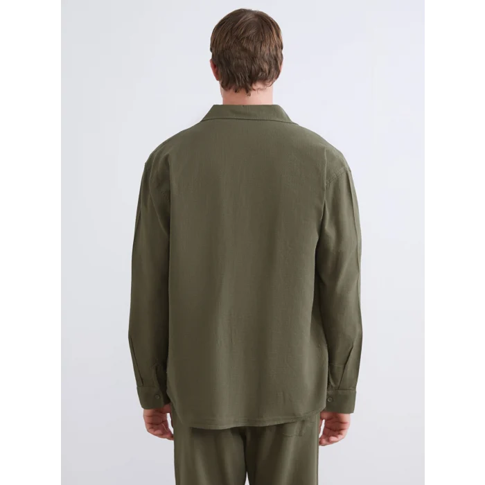 XSIDE Haki Regular Fit Uzun Kollu Keten Görünümlü Erkek Gömlek