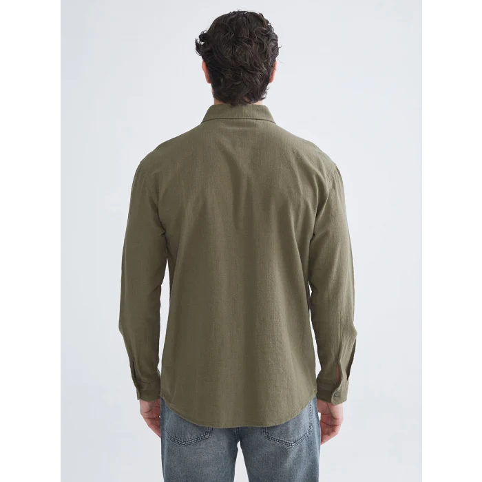 XSIDE Haki Regular Fit Uzun Kollu Keten Görünümlü Erkek Gömlek