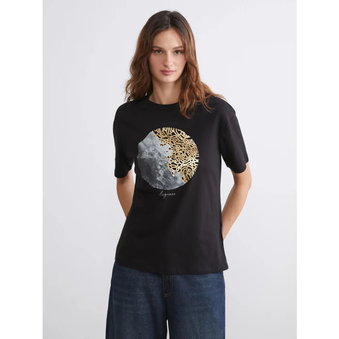 LCW Vision Siyah Bisiklet Yaka Baskılı Oversize Kadın Tişört