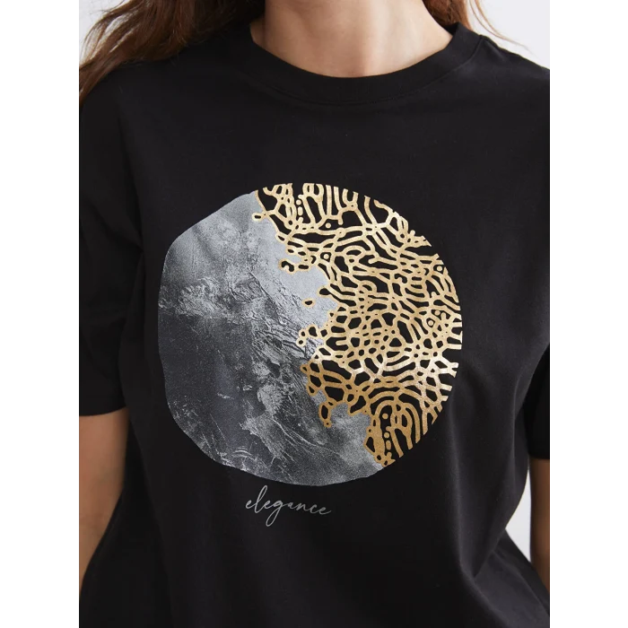 LCW Vision Siyah Bisiklet Yaka Baskılı Oversize Kadın Tişört