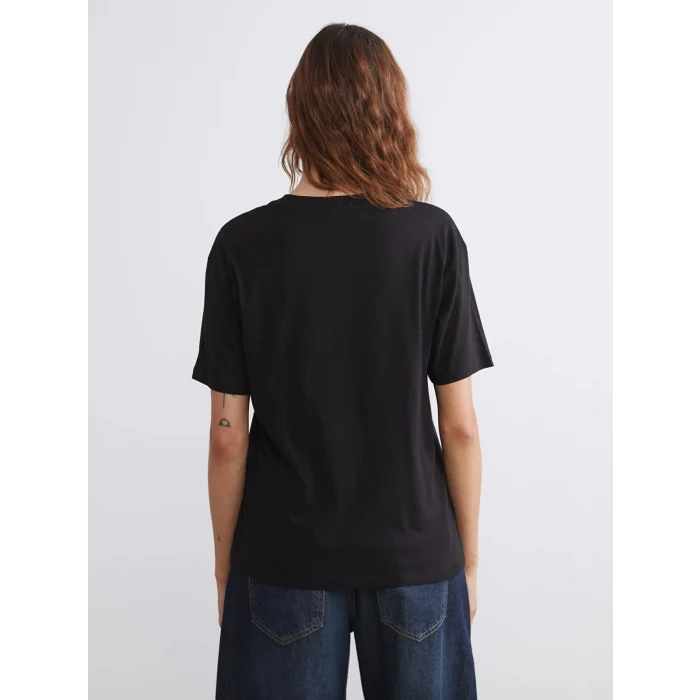 LCW Vision Siyah Bisiklet Yaka Baskılı Oversize Kadın Tişört