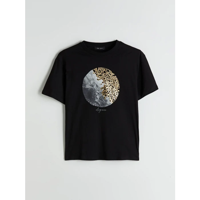 LCW Vision Siyah Bisiklet Yaka Baskılı Oversize Kadın Tişört