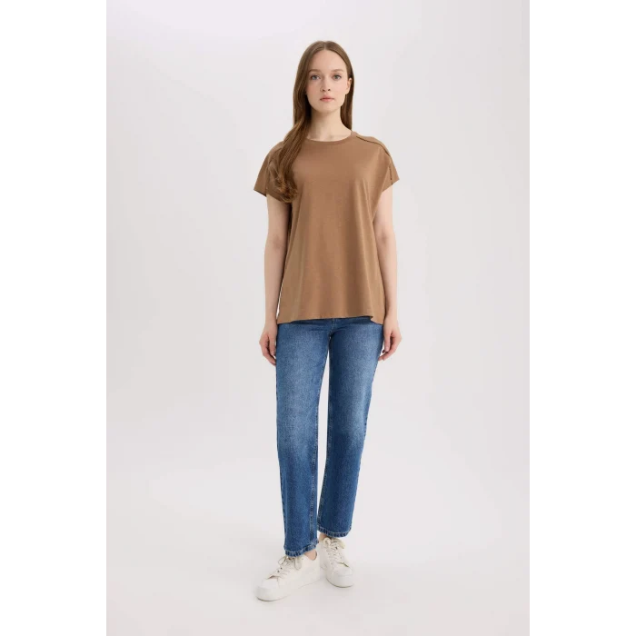 Defacto E4367AXBN589 Kahve Bisiklet Yaka Flamlı Pamuk Kısa Kollu Tişört