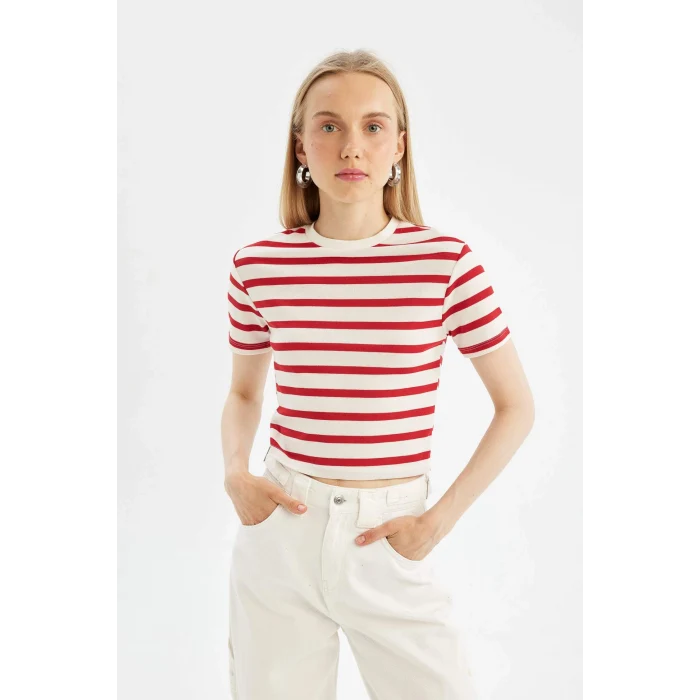 Defacto A7646AXRD93 Kırmızı Fıtted Çizgili Ribana Kısa Kollu Tişört