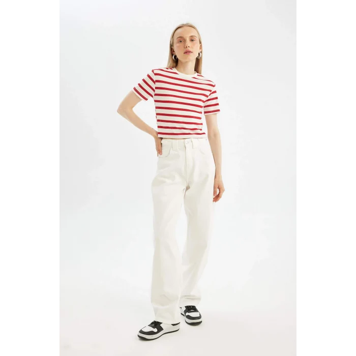 Defacto A7646AXRD93 Kırmızı Fıtted Çizgili Ribana Kısa Kollu Tişört