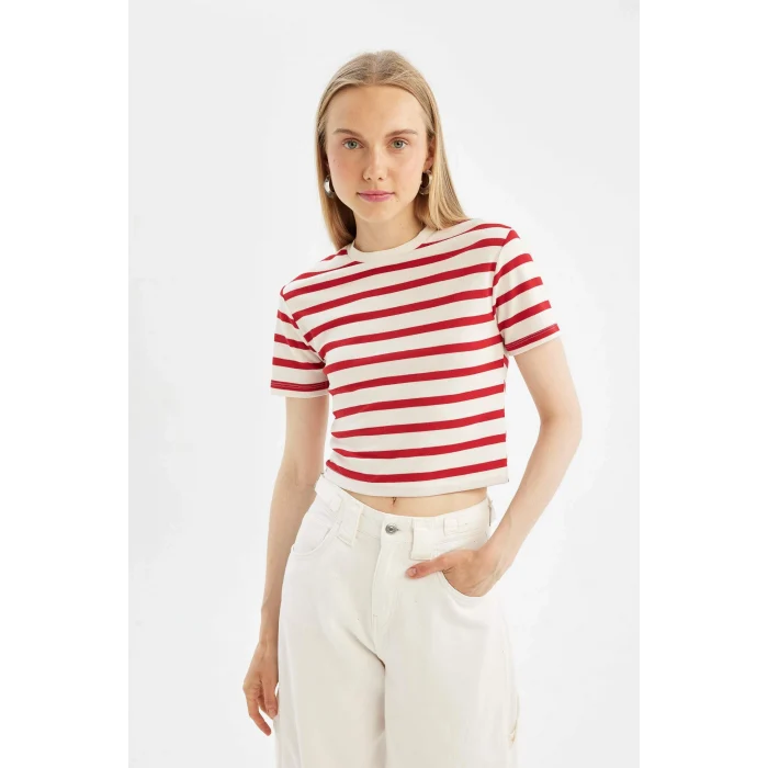 Defacto A7646AXRD93 Kırmızı Fıtted Çizgili Ribana Kısa Kollu Tişört