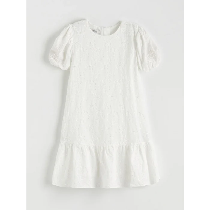 LCW Kids Beyaz Bisiklet Yaka Çiçekli Kız Çocuk Elbise