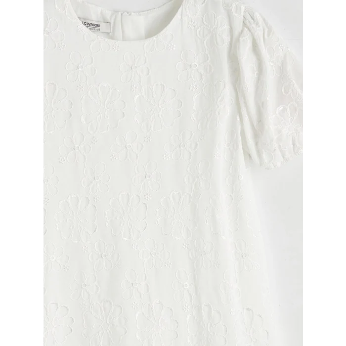 LCW Kids Beyaz Bisiklet Yaka Çiçekli Kız Çocuk Elbise