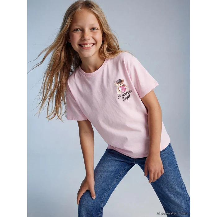 LCW Kids Pembe Bisiklet Yaka Baskılı Kız Çocuk Tişört