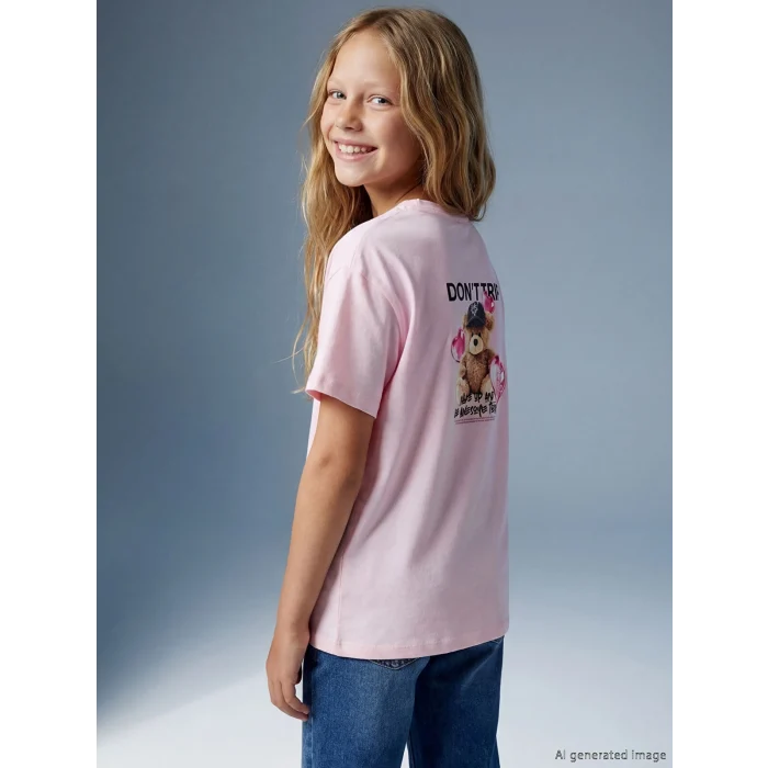 LCW Kids Pembe Bisiklet Yaka Baskılı Kız Çocuk Tişört