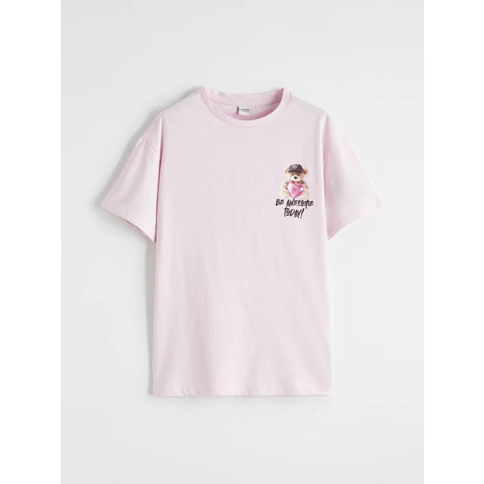 LCW Kids Pembe Bisiklet Yaka Baskılı Kız Çocuk Tişört