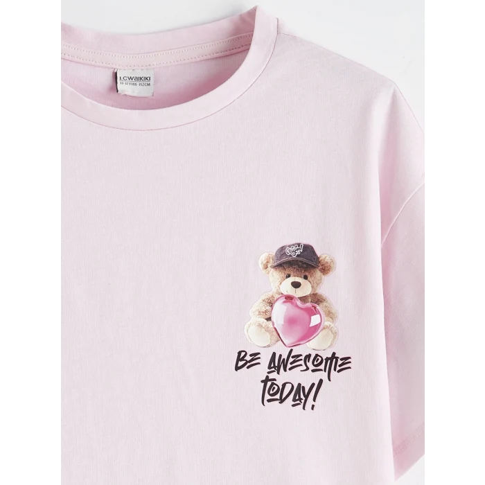 LCW Kids Pembe Bisiklet Yaka Baskılı Kız Çocuk Tişört