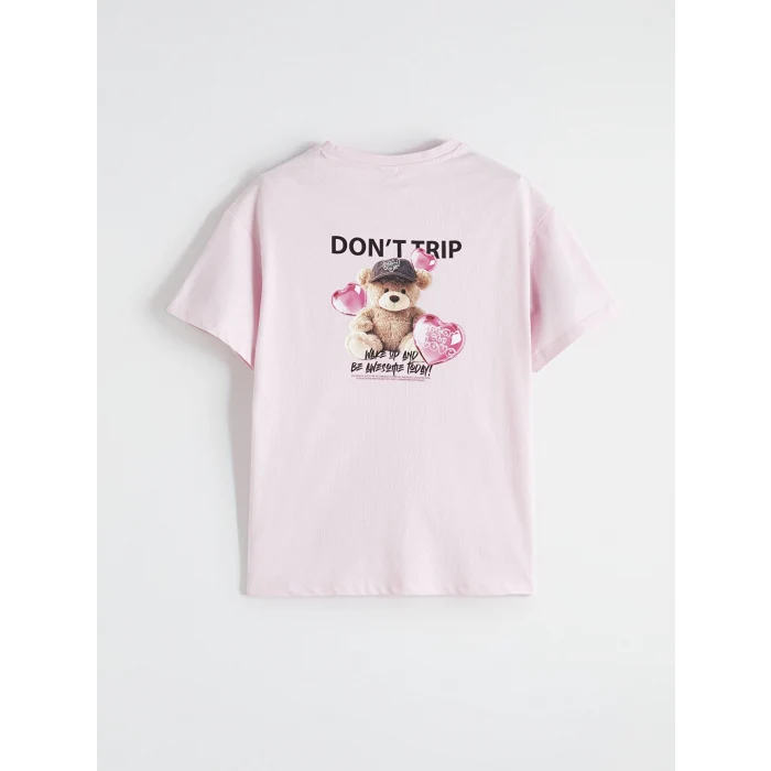 LCW Kids Pembe Bisiklet Yaka Baskılı Kız Çocuk Tişört