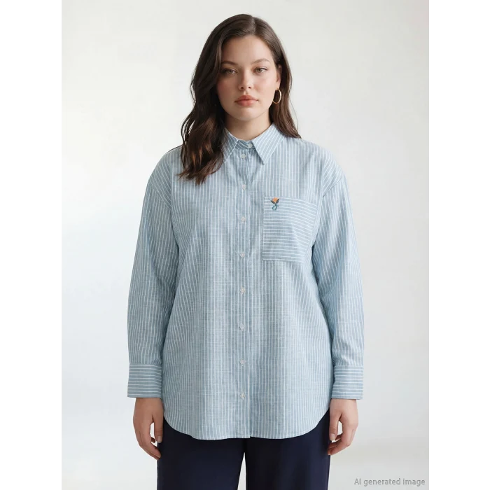 LCW Modest Yeşil Çizgili Oversize Poplin Kadın Gömlek Tunik