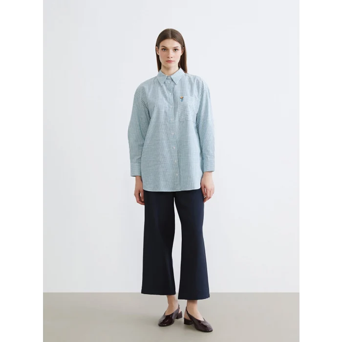 LCW Modest Yeşil Çizgili Oversize Poplin Kadın Gömlek Tunik