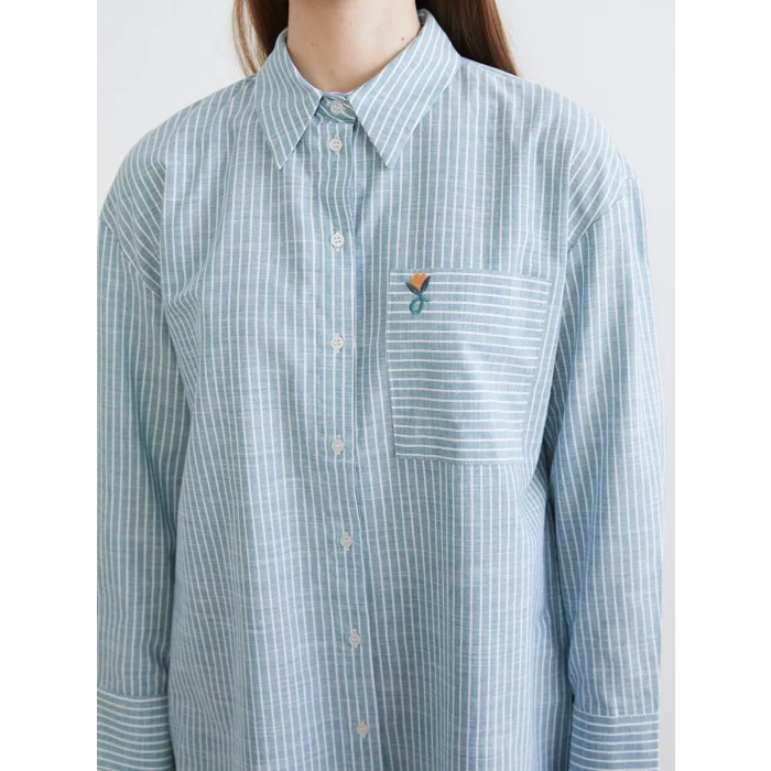 LCW Modest Yeşil Çizgili Oversize Poplin Kadın Gömlek Tunik