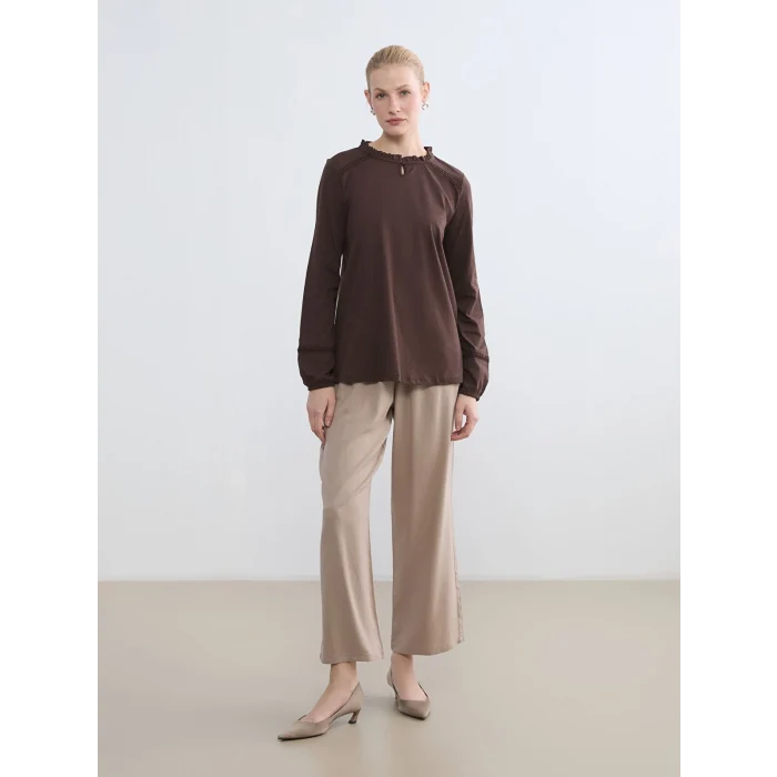 LCW Grace Kahverengi Bisiklet Yaka Nakışlı Bluz