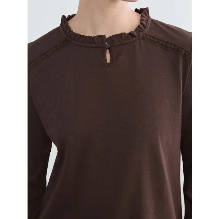 LCW Grace Kahverengi Bisiklet Yaka Nakışlı Bluz