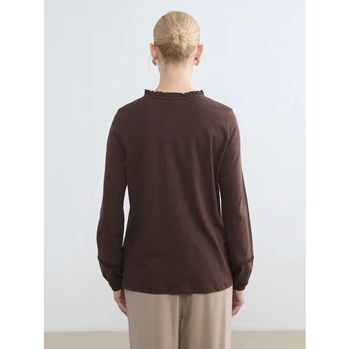 LCW Grace Kahverengi Bisiklet Yaka Nakışlı Bluz