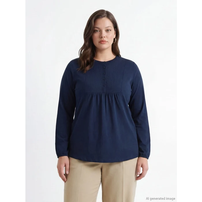 LCW Grace Lacivert Bisiklet Yaka Nakışlı Bluz