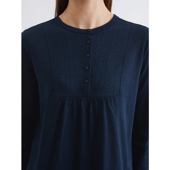 LCW Grace Lacivert Bisiklet Yaka Nakışlı Bluz