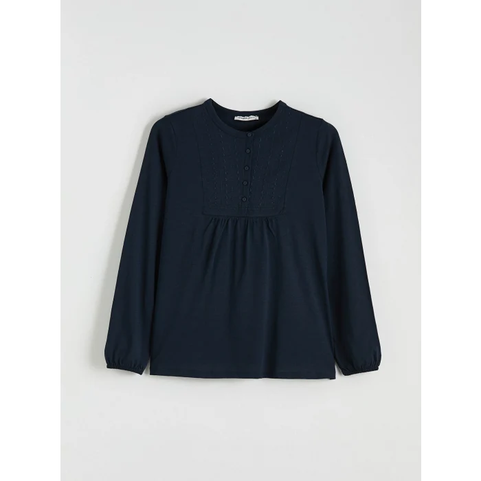 LCW Grace Lacivert Bisiklet Yaka Nakışlı Bluz