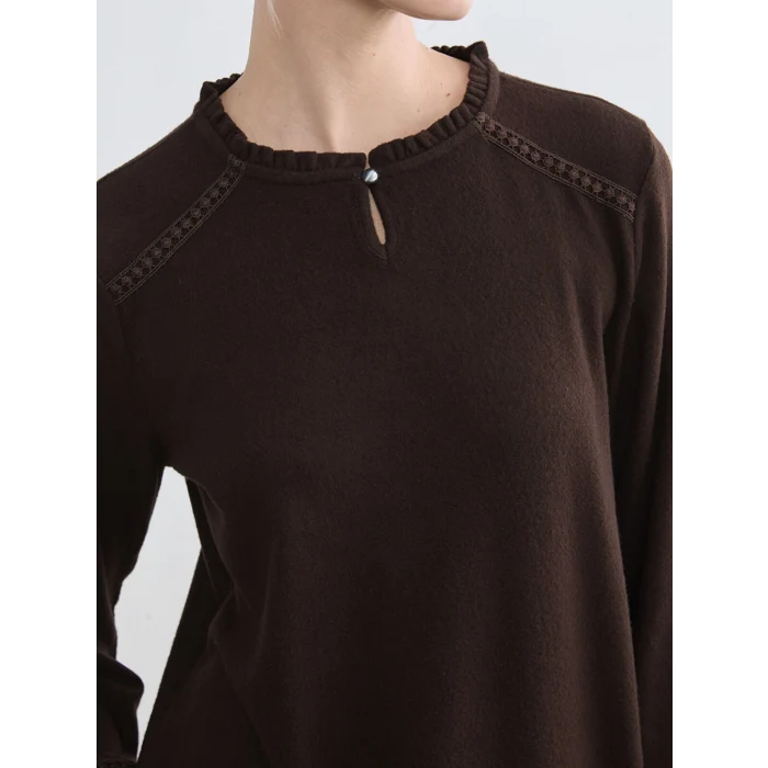 LCW Grace Kahverengi Fırfırlı Bisiklet Yaka Nakışlı Bluz