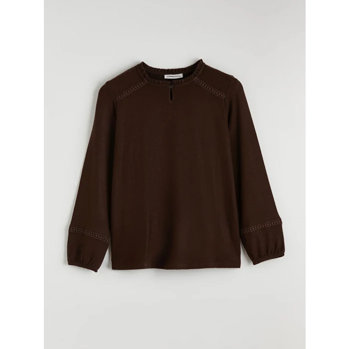 LCW Grace Kahverengi Fırfırlı Bisiklet Yaka Nakışlı Bluz