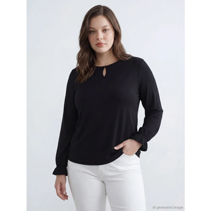 LCW Grace Siyah Bisiklet Yaka Fırfırlı Bluz