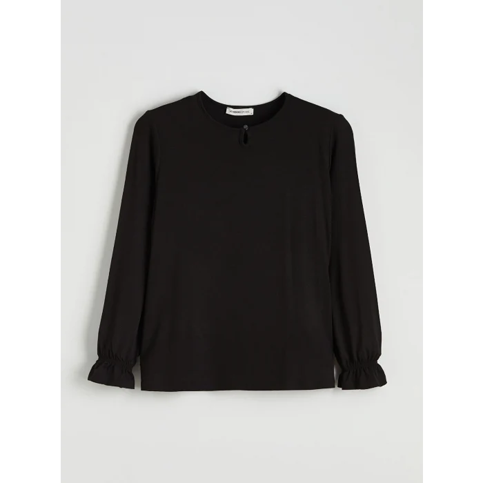 LCW Grace Siyah Bisiklet Yaka Fırfırlı Bluz