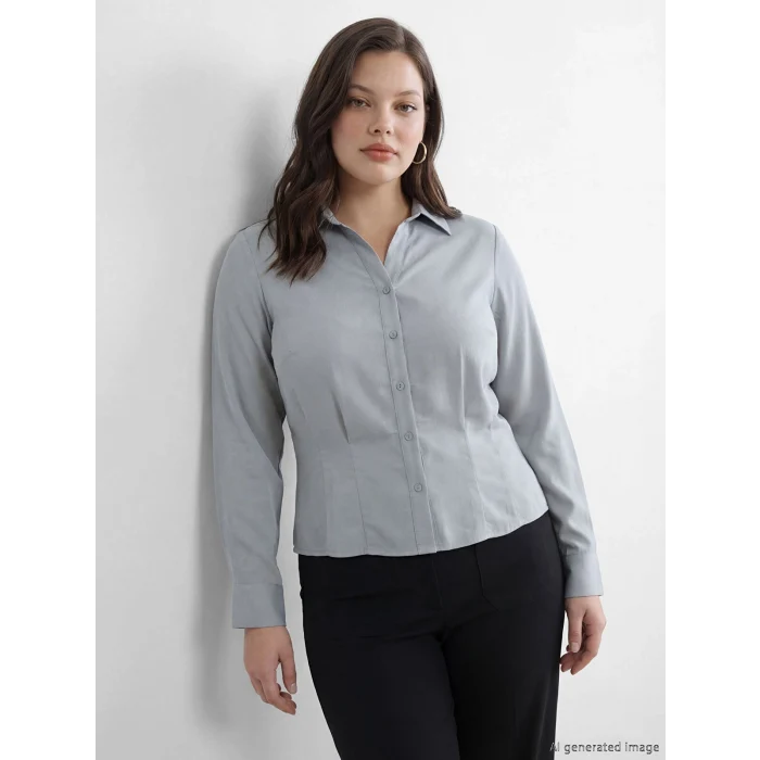 LCW STUDIO Gri Büzgülü Poplin Kadın Gömlek