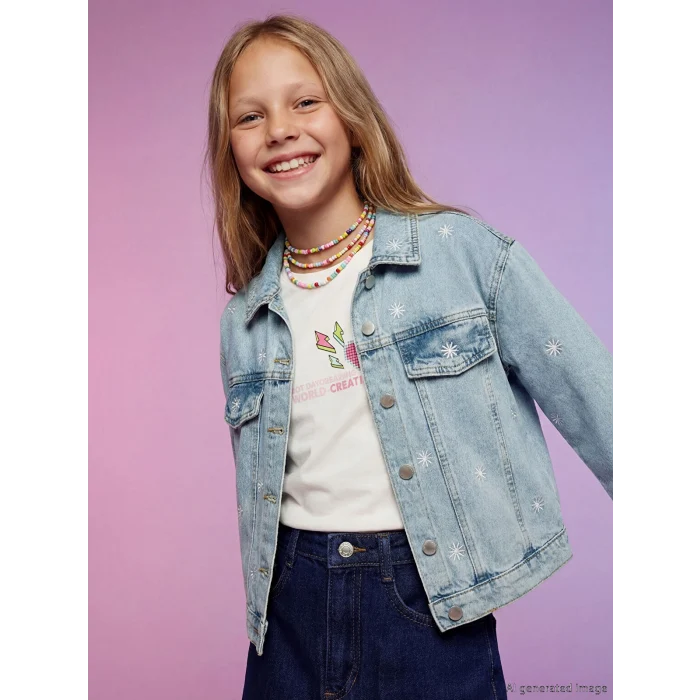 LCW Kids Mavi Çiçek Nakışlı Kız Çocuk Jean Ceket