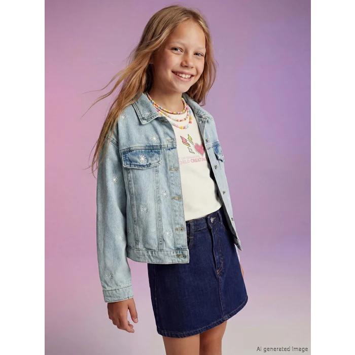 LCW Kids Mavi Çiçek Nakışlı Kız Çocuk Jean Ceket