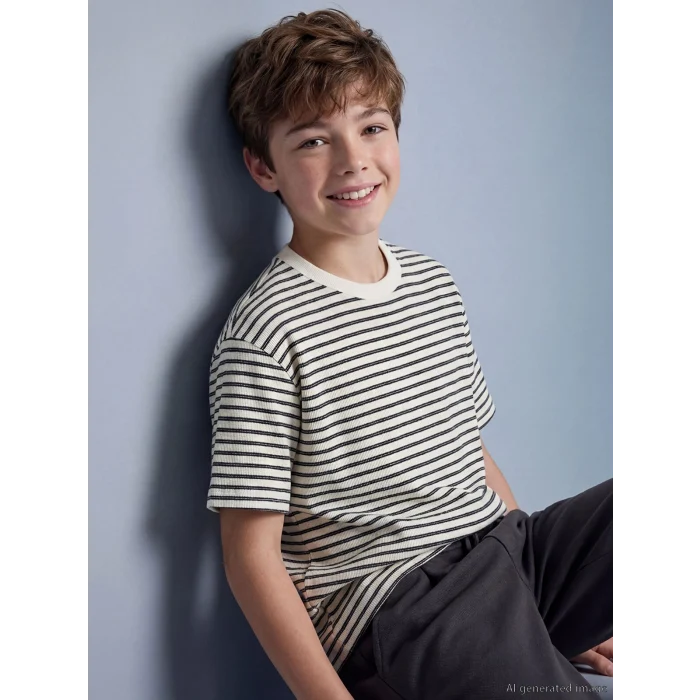LCW Kids Lacivert Bisiklet Yaka Çizgili Erkek Çocuk Tişört