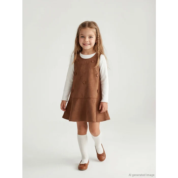 LCW Kids Kahverengi Kız Çocuk Jile Elbise ve Uzun Kollu Tişört