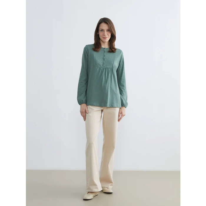 LCW Grace Yeşil Bisiklet Yaka Nakışlı Bluz
