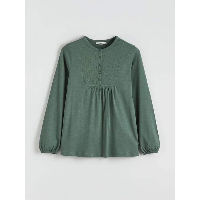 LCW Grace Yeşil Bisiklet Yaka Nakışlı Bluz